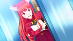  1girl aika_von_koruto animal_ears blush bow bowtie breasts door dutch_angle embarrassed fox_ears game_cg highres kinta long_hair looking_at_viewer mayachi_(amuriya) open_mouth red_eyes red_hair skirt solo standing valkyrie_runabout! 