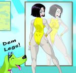  1girl alternate_costume ass bare_shoulders beast_boy bodysuit breasts dc_comics dog female huge_ass lady_legasus legs legs_crossed leotard mirror open_mouth purple_eyes purple_hair raven_(dc) sexy short_hair teen_titans thighs tongue xplotter 