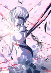  abstract arm_behind_back blindfold breasts collarbone cowboy_shot dissolving highres hips hitsuji_(homuraaishiteru) looking_to_the_side navel no_hands nude parted_lips pink_background remilia_scarlet ribbon short_hair small_breasts solo touhou wings 