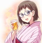  :d alcohol beer blue_eyes blush brown_hair cup drinking_glass e20 glasses iguchi_yumi japanese_clothes kimono open_mouth outline shirobako short_hair simple_background smile v-shaped_eyebrows white_outline 