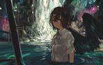  1girl bird_wings black_hair black_wings bow looking_at_viewer nature no_hat onion_(onion_and_pi-natto) partially_submerged red_eyes shameimaru_aya shirt short_hair short_sleeves solo touhou water waterfall wings 