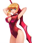  aestus_estus ahoge blonde_hair breasts cleavage covered_navel fate/extra fate_(series) front_zipper_swimsuit green_eyes highres large_breasts meme_attire nero_claudius_(fate) nero_claudius_(fate)_(all) one-piece_swimsuit open_mouth red_swimsuit smile solo swimsuit sword taru_neko weapon 
