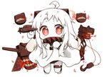  ahoge aircraft airplane black_panties chibi covered_mouth dress holding horns kantai_collection long_hair looking_at_viewer machinery mittens nipeira northern_ocean_hime panties red_eyes shinkaisei-kan simple_background solo turret underwear white_background white_dress white_hair white_skin 