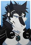  abs aluminemsiren biceps big_muscles black_fur blue_eyes claws clothed clothing discordnight dog_tags fangs fur grey_fur grey_hair gun hair half-dressed male muscles open_mouth pecs ranged_weapon weapon 