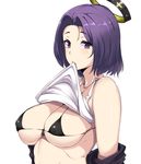 bikini breasts cleavage covered_nipples hair_intakes kantai_collection large_breasts moisture_(chichi) mouth_hold purple_eyes purple_hair shirt_lift sideboob solo swimsuit tatsuta_(kantai_collection) underboob upper_body 