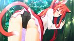  1girl aika_von_koruto animal_ears ass bent_over black_panties blush dress forest fox_ears from_behind game_cg highres kinta legs long_hair looking_back mayachi_(amuriya) nature panties red_eyes red_hair skirt smile solo sunlight tail thighs tree trees underwear valkyrie_runabout! 