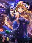  2013 blonde_hair breasts casino choker cleavage contrapposto dress earrings elbow_gloves flower furyou_michi_~gang_road~ gloves green_eyes hair_flower hair_ornament jewelry large_breasts long_hair official_art parted_lips print_gloves purple_dress smile solo sparkle standing wooju 
