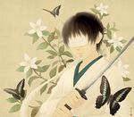  album_cover beige_background black_hair blindfold bug butterfly cover flower flower_request holding holding_sword holding_weapon insect japanese_clothes katana kimono male_focus original re:i signature solo style_request sword weapon white_flower 