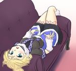  aqua_eyes arm_warmers blonde_hair couch isaki_(gomi) lying mizuhashi_parsee on_back open_mouth pointy_ears shirt short_sleeves skirt solo touhou 