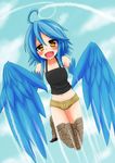  :d ahoge blue_hair blue_wings blush camisole cloud condensation_trail day feathered_wings feathers flying full_body happy harpy highres monster_girl monster_musume_no_iru_nichijou navel open_mouth papi_(monster_musume) shodai_werihito short_shorts shorts sky smile solo talons wings yellow_eyes 