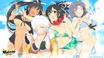  :d ;d ^_^ asuka_(senran_kagura) bandages bandeau bikini black_hair blue_eyes bow breasts brown_eyes brown_hair cleavage closed_eyes double_v front-tie_top hair_bow highres homura_(senran_kagura) jacket_on_shoulders large_breasts marvelous miyabi_(senran_kagura) multiple_girls navel o-ring o-ring_bikini official_art one_eye_closed open_mouth red_scarf sarong scarf senran_kagura senran_kagura_estival_versus smile swimsuit unmoving_pattern v wallpaper white_hair yaegashi_nan yellow_eyes yumi_(senran_kagura) 