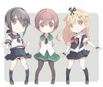  black_eyes black_hair blonde_hair brown_eyes brown_hair chibi fubuki_(kantai_collection) hair_flaps kantai_collection kneehighs loafers long_hair multiple_girls mutsuki_(kantai_collection) pantyhose red_eyes remodel_(kantai_collection) school_uniform serafuku shiitake_(mm0820) shoes short_hair smile yuudachi_(kantai_collection) 