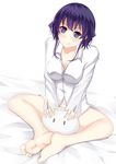  absurdres barefoot bed_sheet breasts butterfly_sitting cleavage dress_shirt feet highres hyoudou_michiru looking_at_viewer medium_breasts naked_shirt navel otono_fei purple_eyes purple_hair saenai_heroine_no_sodatekata shirt short_hair sitting smile soles solo spread_legs toes v_arms 