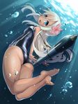  ass barefoot blonde_hair blue_eyes feet flower hair_flower hair_ornament highres hobby_(kento) kantai_collection long_hair looking_back one-piece_swimsuit revision ro-500_(kantai_collection) school_swimsuit smile soles swimsuit tan toes torpedo underwater 