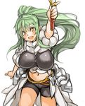  :d bike_shorts blush breasts green_hair high_ponytail holding holding_sword holding_weapon large_breasts long_hair navel open_mouth original ponytail sachito simple_background smile solo sumi-chan_(sachito) sword weapon white_background yellow_eyes 