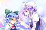  blue_dress blue_eyes blue_hair bow cape cirno dress hair_bow hand_on_another's_head hat ice ice_wings juliet_sleeves kutsuki_kai letty_whiterock long_sleeves looking_down multiple_girls open_mouth petting pout puffy_sleeves purple_eyes purple_hair shirt smile tears touhou wavy_mouth wings 