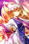  blonde_hair dress fox_tail hat kutsuki_kai long_sleeves looking_at_viewer multiple_tails pillow_hat shaded_face smile solo spell_card tabard tail touhou white_dress wide_sleeves yakumo_ran yellow_eyes 