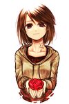  absurdres bangs brown_hair camellia collarbone commentary cutoff_line dotted_line english flower highres holding holding_flower hood hood_down hoodie kotoba_noriaki original purple_eyes red_flower short_hair simple_background smile solo swept_bangs upper_body white_background 