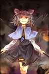  animal_ears basket capelet dowsing_rod dress gem glowing glowing_eyes grey_dress grey_hair jewelry kutsuki_kai looking_at_viewer mouse mouse_ears mouse_tail nazrin necktie open_mouth pendant red_eyes see-through shaded_face smile solo tail touhou 