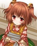 apron bell blush book book_hug brown_hair hair_bell hair_ornament holding holding_book japanese_clothes kei_kei kimono long_sleeves motoori_kosuzu red_eyes smile solo touhou two_side_up wide_sleeves 