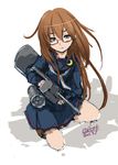  4suke black_skirt brown_eyes brown_hair crescent dated glasses kantai_collection long_hair long_sleeves mochizuki_(kantai_collection) pleated_skirt red-framed_eyewear school_uniform semi-rimless_eyewear serafuku skirt solo squatting turret twitter_username under-rim_eyewear 