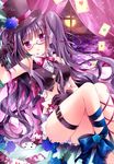  ass black_gloves bow card glasses gloves hair_bow hair_ribbon hat kuromu-san_(nogi_takayoshi) long_hair looking_at_viewer midriff nogi_takayoshi open_mouth original playing_card purple_eyes purple_hair ribbon sitting solo top_hat twintails very_long_hair 