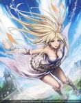  2012 anbe_yoshirou artist_name blonde_hair blue_eyes breasts cleavage day dress falling guardian_cross long_hair medium_breasts official_art open_mouth sandals sky smile solo square_enix white_dress 