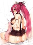  ass blush breasts hair_ornament inayama large_breasts long_hair looking_at_viewer maeda_toshinaga_(sengoku_bushouki_muramasa) ponytail red_eyes red_hair sengoku_bushouki_muramasa sideboob sitting solo steam towel very_long_hair 