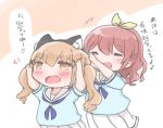  +++ 2girls :d ^_^ animal_ear_fluff animal_ears arms_up bang_dream! bangs blonde_hair blue_neckwear blue_shirt brown_hair chibi closed_eyes eyes_closed fake_animal_ears fang hair_ornament hair_ribbon hanasakigawa_school_uniform ichigaya_arisa koroneko_(ky-tora) light_brown_hair multiple_girls neckerchief open_mouth pleated_skirt ponytail ribbon school_uniform serafuku shirt short_sleeves sidelocks skirt smile translation_request twintails white_skirt x_hair_ornament yamabuki_saaya yellow_eyes yellow_ribbon 