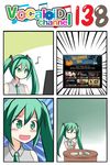  4koma :d aqua_eyes aqua_hair bangs beamed_eighth_notes catstudioinc_(punepuni) collared_shirt comic commentary cup drinking_glass eighth_note emphasis_lines halloween hatsune_miku highres left-to-right_manga long_hair monitor musical_note necktie open_mouth plate sale shirt smile solo steam_(platform) table thai translated twintails vocaloid wrapper 