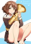  barefoot blush breasts breasts_apart brown_eyes brown_hair euphonium hibike!_euphonium instrument inu_(aerodog) looking_at_viewer neckerchief oumae_kumiko red_neckwear school_uniform serafuku short_hair sitting smile solo wavy_hair 