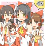  benikurage black_hair blush bow bowl brown_eyes brown_hair cat chopsticks cookie_(touhou) ekubo_(ciaobero) hair_bow hair_ribbon hair_tubes hakurei_reimu kanna_(cookie) minigirl multiple_girls open_mouth reu ribbon sananana speech_bubble touhou yellow_eyes 