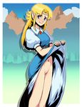  blonde_hair blue_eyes blush daga earrings jewelry long_hair navel no_panties pointy_ears princess_zelda pussy skirt skirt_lift solo the_legend_of_zelda triforce 