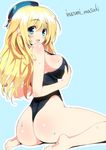  artist_name ass atago_(kantai_collection) barefoot blonde_hair blush breasts grabbing green_eyes hat inuzumi_masaki kantai_collection large_breasts long_hair looking_at_viewer one-piece_swimsuit open_mouth simple_background sitting smile solo strap_gap swimsuit twitter_username wariza 