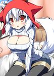  animal_ears blush breasts cleavage_cutout hat highres inubashiri_momiji large_breasts meme_attire mizuki_(kogetsu-tei) open-chest_sweater open_mouth red_eyes ribbed_sweater short_hair solo sweater tail touhou turtleneck white_hair wolf_ears wolf_tail 