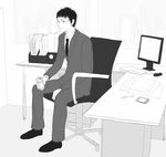  can chair computer desk formal glasses greyscale holding holding_can indoors keyboard_(computer) male_focus monitor monochrome mouse_(computer) necktie office office_chair original papers pda pen re:i sitting solo suit 