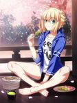  artoria_pendragon_(all) bad_id bad_twitter_id barefoot blonde_hair dango eating fate/stay_night fate_(series) food green_eyes green_tea indian_style jpeg_artifacts official_art saber sanshoku_dango sitting skewer solo takeuchi_takashi tea wagashi 