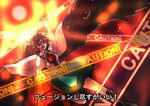  anime_coloring arm_cannon bow brown_hair cape caution_tape hair_bow long_hair open_mouth pointing pointing_up red_eyes reiuji_utsuho skirt smile solo subtitled third_eye touhou translation_request weapon wings yagimiwa 