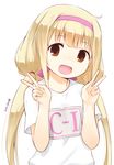  :d blonde_hair blush brown_eyes clothes_writing dated double_v futaba_anzu gym_uniform idolmaster idolmaster_cinderella_girls long_hair looking_at_viewer low_twintails nagian open_mouth smile solo twintails v very_long_hair 
