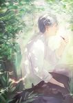  cigarette creature dappled_sunlight from_side ginko glowing green_eyes leaf male_focus mushishi pants plant re:i shade shirt signature silver_hair sitting sleeves_rolled_up smoke smoking solo sunlight tree white_shirt 