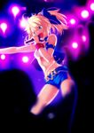  :d ahoge alternate_costume april_fools aqua_eyes armband artoria_pendragon_(all) bad_id bad_twitter_id belt blonde_hair bow breasts choker fate/apocrypha fate_(series) hair_bow highres idol jewelry jpeg_artifacts microphone midriff motion_blur music navel official_art open_mouth outstretched_arm pendant ponytail saber shorts singing small_breasts smile solo sparkle stage_lights star takeuchi_takashi vest wrist_cuffs 