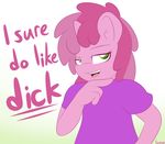  2015 anthro anthrofied berry_pinch_(mlp) clothed clothing dialogue english_text equine female friendship_is_magic fur green_eyes hair horn lamiaaaa looking_away looking_up mammal my_little_pony open_mouth pink_fur shirt smile solo standing teeth text tongue two_tone_hair unicorn 