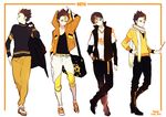  :p black_hair brown_eyes cellphone full_body haikyuu!! hand_on_hip hood hood_down hooded_jacket jacket jacket_over_shoulder male_focus multiple_views necktie nishinoya_yuu open_clothes open_jacket pants phone scarf short_hair smile standing tongue tongue_out white_background yasai_(getsu) 