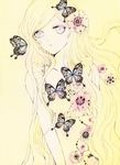  blonde_hair blue_eyes bug butterfly charmal flower hair_flower hair_ornament insect long_hair looking_at_viewer original traditional_media 
