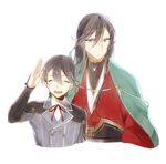  ^_^ black_hair blue_eyes braid closed_eyes double-breasted horikawa_kunihiro izumi-no-kami_kanesada japanese_clothes male_focus multiple_boys open_mouth salute side_braid siro46 smile touken_ranbu upper_body 