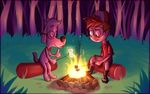  anthro bow_tie campfire canine dog duo eyes_closed eyewear forest glasses hi_res human male mammal marshmallow mr._peabody mr._peabody_and_sherman night outside sherman tree what-the-wabac 