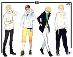  blonde_hair full_body glasses haikyuu!! hands_in_pockets hat headphones highres hood hood_down hooded_jacket jacket looking_to_the_side male_focus multiple_views open_clothes open_jacket pants short_hair standing tsukishima_kei white_background yasai_(getsu) yellow_eyes 