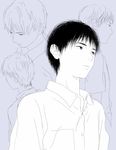  black_hair grey_background looking_to_the_side male_focus monochrome multiple_boys original re:i school_uniform shirt simple_background sketch upper_body 