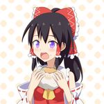  ascot black_hair blush bow cato_(monocatienus) detached_sleeves eating food food_on_face hair_bow hair_ribbon hair_tubes hakurei_reimu hamburger holding long_hair looking_at_viewer nontraditional_miko open_mouth ponytail purple_eyes ribbon solo touhou upper_body 