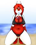  anthro areola beach bikini breasts cleavage clothed clothing dragon eating female hair kneeling latias legendary_pok&eacute;mon lewdtias looking_at_viewer navel nintendo nipples outside pok&eacute;mon popsicle quin-nsfw red_hair sand sea seaside short_hair solo swimsuit video_games water yellow_eyes 